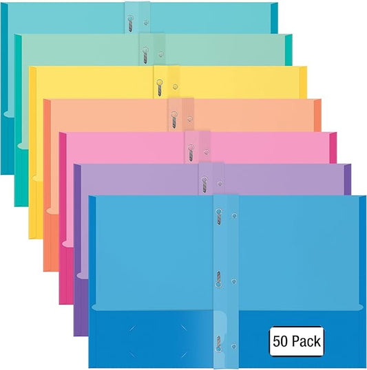 2 Pocket Folders, Assorted 7 Vibrant Colors with Complementing Interior Colors, Fits Letter Size Paper, for School, Office, Home (with Prongs, 50)