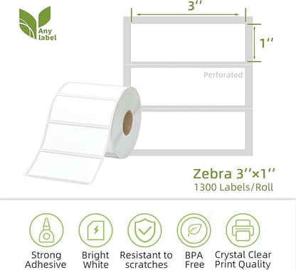 Compatible 3" x 1" Direct Thermal Labes Replacement for Barcodes Postage Address Shipping Compatible with Rollo & Zebra Desktop Printers Adhesive & Perforated (12 Rolls, 1300 Labels/Roll)