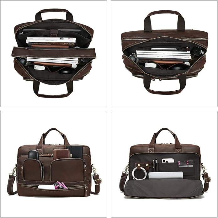 Full Grain 17.3" Leather Briefcase Messenger Laptop Bag For Men