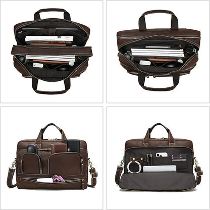 Full Grain 17.3" Leather Briefcase Messenger Laptop Bag For Men