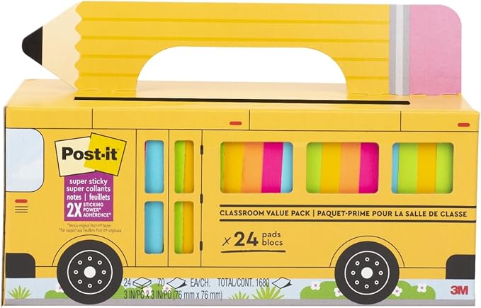 Post-it Super Sticky Notes Value Pack, 24 Pads, Convenient School Bus Carry and Storage Case, 2X The Sticking Power, 3x3 in, Bright Colors (Orange, Pink, Blue, Green, Yellow), Recyclable (654-24SSBUS)
