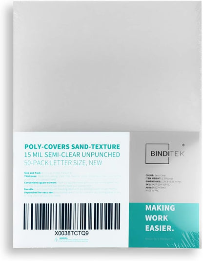 Binditek 50 Pack 15 Mil Frosted Polycover,Semi-Transparent Binding Presentation Covers, 8-1/2 x 11 Inches, Lightly Textured Sand Finish, Square Corners, Un-Punched, Office Supplies