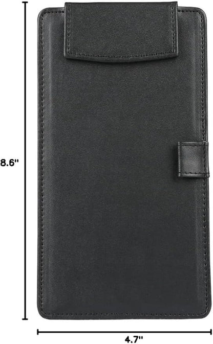 PU Leather Clipboard 8.6" X 4.7" - A6 Long File Clip Folder Document Organizer Writing Pad Office Business Card Holder - Magnetic Conference Pad with Pen Holder - Black
