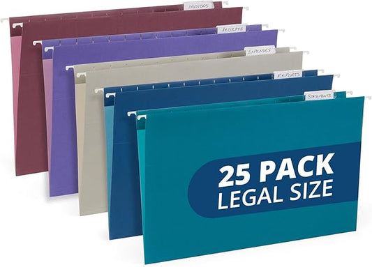25 Blue Summit Supplies Colored Hanging File Folders Legal Size, Assorted Jewel Tone Colors, Legal Size Hanging File Folders with Plastic Tabs and Inserts, Durable 11pt Paper