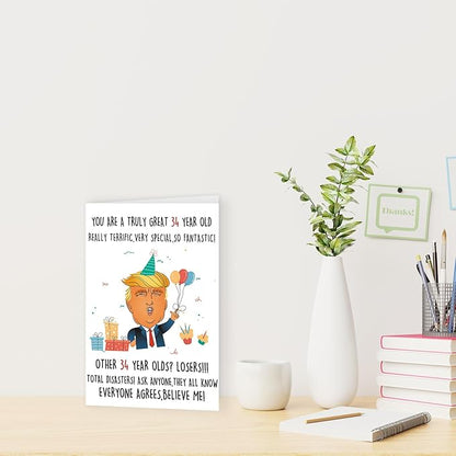 Funny Trump 34th Birthday Card, 34th Birthday Gifts for Men Women, Great 34th Birthday Decorations Card for Him Her, Happy 34 Year Old Birthday Gifts Cards for Husband Wife Dad Mom