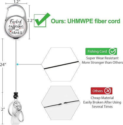 Gctriki Badge Reel Holder Retractable Heavy Duty with 360° Swivel Carabiner Clip, Funny Fueled by Caffeine and Chaos ID Holder Name Badge Clip RN Nurse Medical Badge Reel Retractable Keychain ID Clip