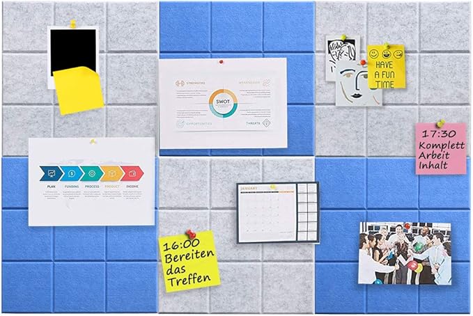 Large 11.8"x11.8" Felt Board Tiles for Wall with 30 Push Pins, Pack of 6 Pin Board Notice Boards for Home Office Kitchen, Bulletin Board Wall Tiles for Photos Memos