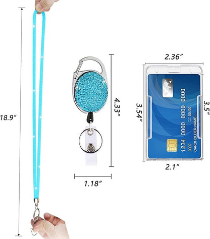 VIQWYIC Retractable ID Badge Holder with Clip, ID Name Badge Reels with Bling Rhinestones Retractable Card Holder for Office Worker Teacher Doctor Nurse (Blue)
