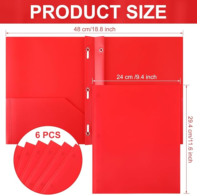 Cholemy 6 Pcs Plastic Pocket Folders with Prong 2 Heavy Duty Pockets Folders with 3 Prongs Letter Size Paper Folders Bulk File Plastic Folders with Fasteners for Office Workers (Red)