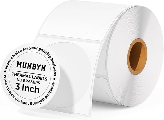 MUNBYN 3 Inch White Circle Thermal Sticker Labels, Multi-Purpose Self-Adhesive Round Thermal Stickers for Business, Inventory Labels, 500 Sheets/1 Roll