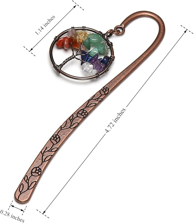 Jovivi 2pcs Antique Copper Metal Bookmark Beading Bookmarks with Handmade 7 Chakra Healing Crystals Tree of Life Tumbled Gemstones & Leaf Bead