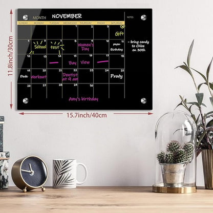Okydoky Glass Dry Erase Whiteboard,Monthly Calendar Whiteboard,12" x 16",Frameless Glass White Board for Home,School,Office,Black Surface(GlassA-BK-3040)
