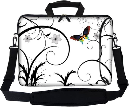 Meffort Inc 17 17.3 Inch Neoprene Laptop Bag Sleeve with Extra Side Pocket, Soft Carrying Handle & Removable Shoulder Strap for 16" to 17.3" Size Notebook Computer - White Swirl Design