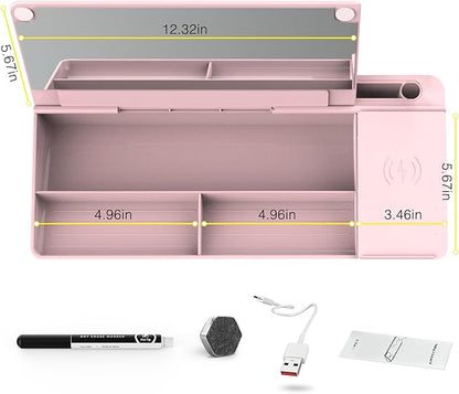 TOWON Desktop Glass Whiteboard with Charger Pad, Small Desk Whiteboard - Glass Dry Erase White Board- Desk Computer Buddy with Storage, Mirror and Charging Station, Pink, 17 x 6 in