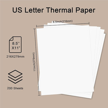 200 Sheets, Thermal Printer Paper 8.5 x 11 Inches, Single US Letter Size, Suitable with Most Thermal Portable Printer, Such M08F/A40, Quick-Drying, Waterproof(Single, Keep 3 Years)