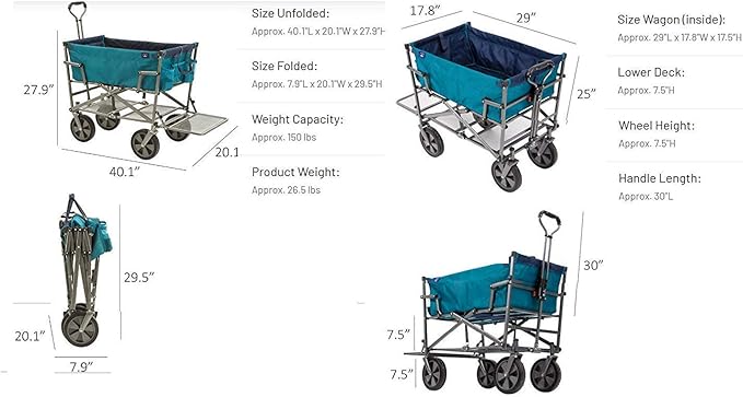 MacSports Double Decker Wagons Carts Heavy Duty Foldable Outdoor Collapsible Cart Portable Lightweight Utility Cart, All Terrain Sports Wagon for Camping Gear, Groceries, and More (Teal)