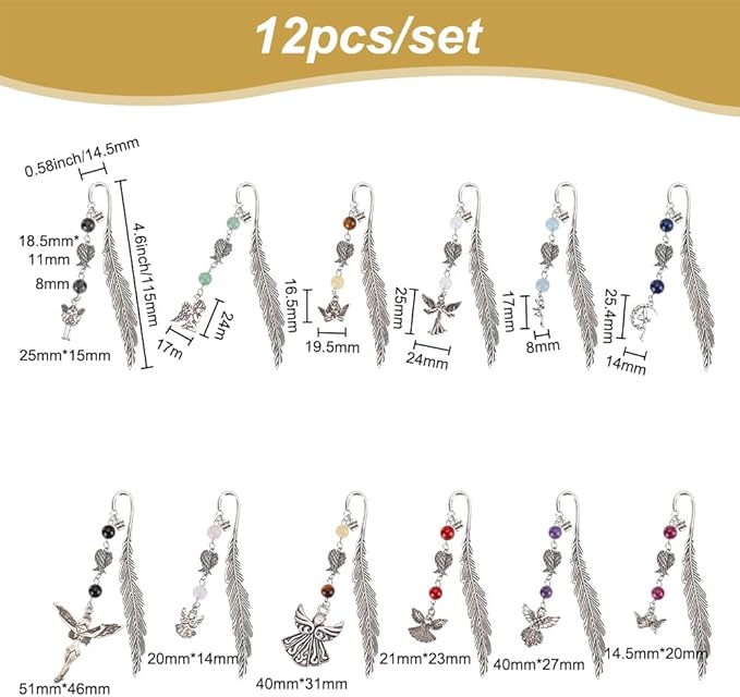 12pcs Feather Metal Bookmarks Crystal Bookmarks Vintage Gemstone Beading Bookmarks Alloy Angel Book Markers for Office School Reading Book Lovers Teacher's Day Christmas Birthday Gifts