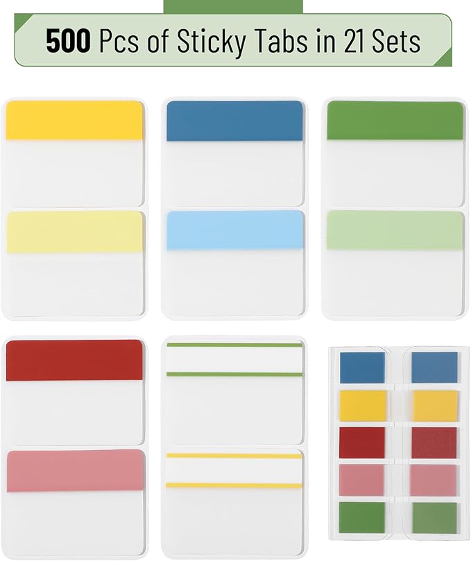 Mr. Pen- Sticky Index Tabs, 500 Pcs, 21 Sets, Colorful Sticky Tabs for Notebooks, Page Markers, Page Tabs for Binders, Page Tabs Sticky Tabs for Books, Notebook Tabs, Book Sticky Tabs for Notebooks