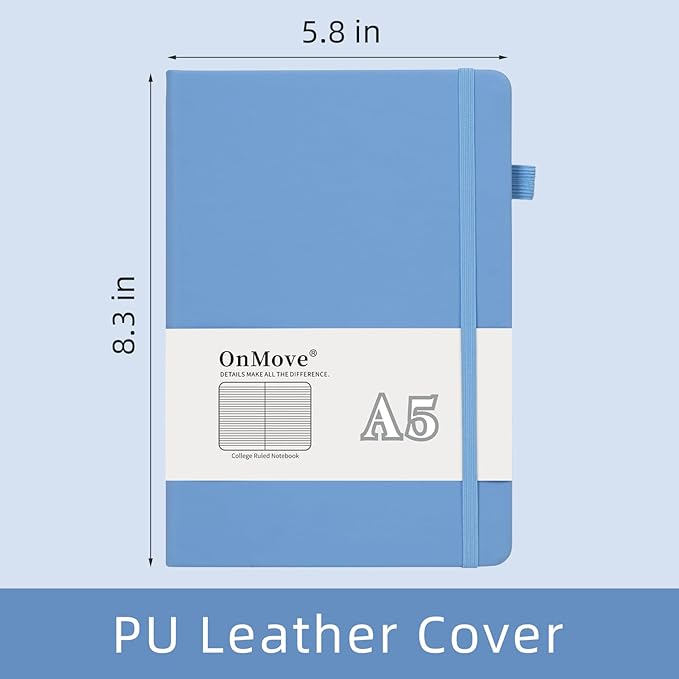 Lined Notebook Journal for Women Men 200 Pages A5 Hardcover Leather with Pen Holder College Ruled Journals for Work Note Taking Travel School Sky Blue