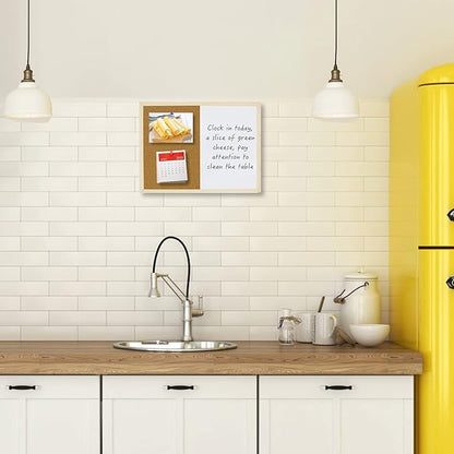 OWLKELA Dry Erase Cork Board 16.5"x12.6", Notice Pin Board, Memo Board, Vision Board, Bulletin Board for Office, Classroom or Home, Mounting Hardware and Push Pins Included, Wooden Frame