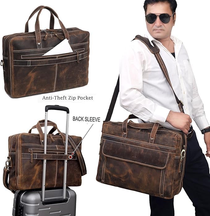 cuero Leather Messenger Bag for Men - Full Grain Leather Briefcase Laptop Satchel Office Crossbody Travel Bag