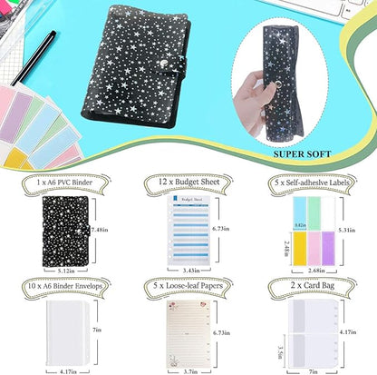 35 Pieces A6 Binder PVC Cover with 10 Clear Binder Pockets, Waterproof 6-Ring Budget Binder Envelopes System Budget Planner Organizer, Budget Sheets & Card Bags & Papers & Label for Cash Envelopes
