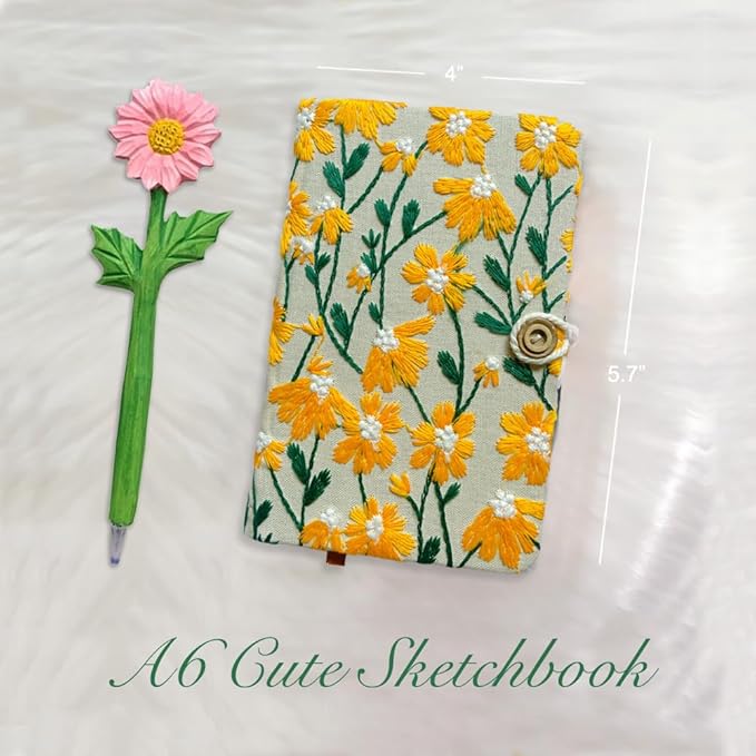 Daisy Gifts for Women, Flower Embroidered Journal, A6 Pocket Sketchbook, Small Unlined Notebook 4x6, Hardcover, Lay Flat, Cute Notebooks, Pretty Journal, Yellow Daisy