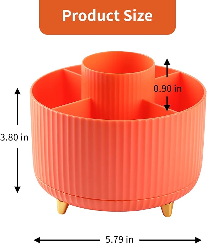 Desk Pencil Pen Holder, 5 Slots 360°Degree Rotating Pencil Pen Organizers for Desk, Desktop Storage Stationery Supplies Organizer, Cute Pencil Cup Pot for Office, School, Home, Art Supply, Orange