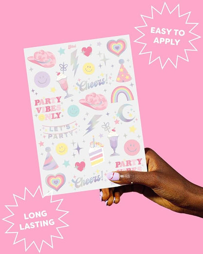 xo, Fetti Pastel Rainbow Temporary Tattoos - 50 Iridescent Foil Styles | Preppy Birthday Party Supplies, Smiley Party Favors, Party Vibes Only