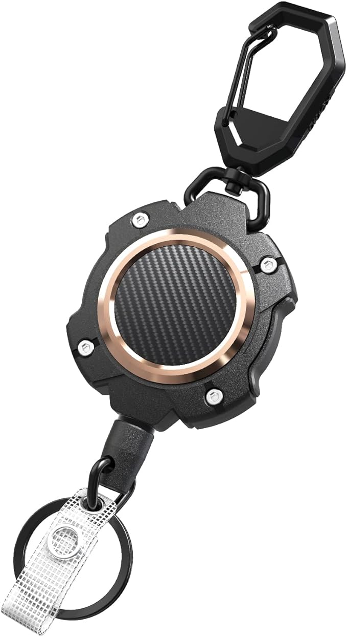 LIUGX Retractable Keychain, Heavy Duty Carabiner Key Chains, 10,000+ Rebound, Impact Resistance Tactical ID Badge Reel with 31.5” Wire Rope and Key Ring, Up to 8oz, Aluminum Ring, Carbon Fiber-Texture