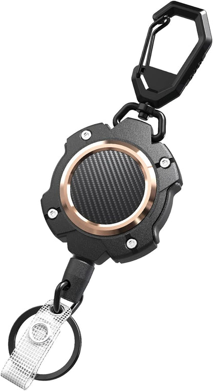 LIUGX Retractable Keychain, Heavy Duty Carabiner Key Chains, 10,000+ Rebound, Impact Resistance Tactical ID Badge Reel with 31.5” Wire Rope and Key Ring, Up to 8oz, Aluminum Ring, Carbon Fiber-Texture