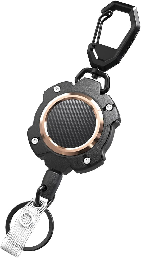 LIUGX Retractable Keychain, Heavy Duty Carabiner Key Chains, 10,000+ Rebound, Impact Resistance Tactical ID Badge Reel with 31.5” Wire Rope and Key Ring, Up to 8oz, Aluminum Ring, Carbon Fiber-Texture