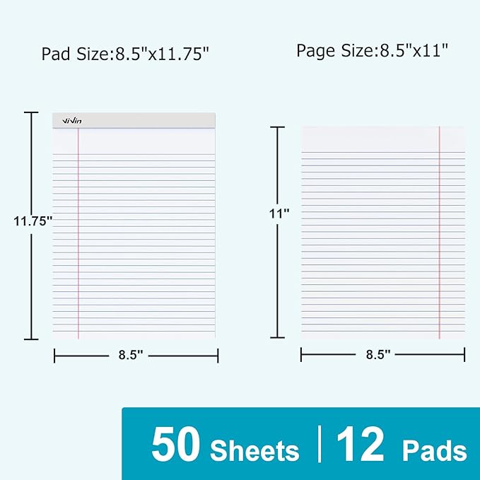 ViVin Legal Pads 8.5 x 11 Inch, Wide Ruled Note Pads, 12 Pack, 50 Sheet/Pad, Perforated Writing Pads, Notepads for Office Home School, 600 Sheets (12 Pack of 50), White Paper