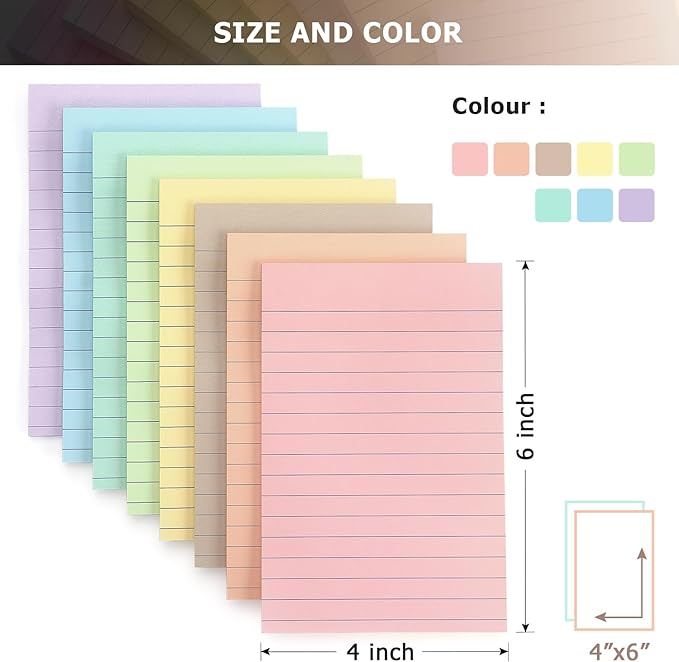 4x6 Inch Lined Sticky Notes, 8 Pack, Light Colors, Premium Self-Adhesive Notepads, Large Sticky Pads for Office, School & Home Use, Easy to Use, Reusable & Removable