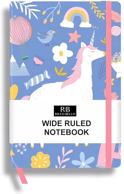 RICCO BELLO Wide Ruled Hardcover Diary Journal School Notebook for Kids, Tweens - Bookmark, Band Closure, Storage Pocket, 5.7 x 8.4 Inches,192 Pages, (Blue Unicorn)