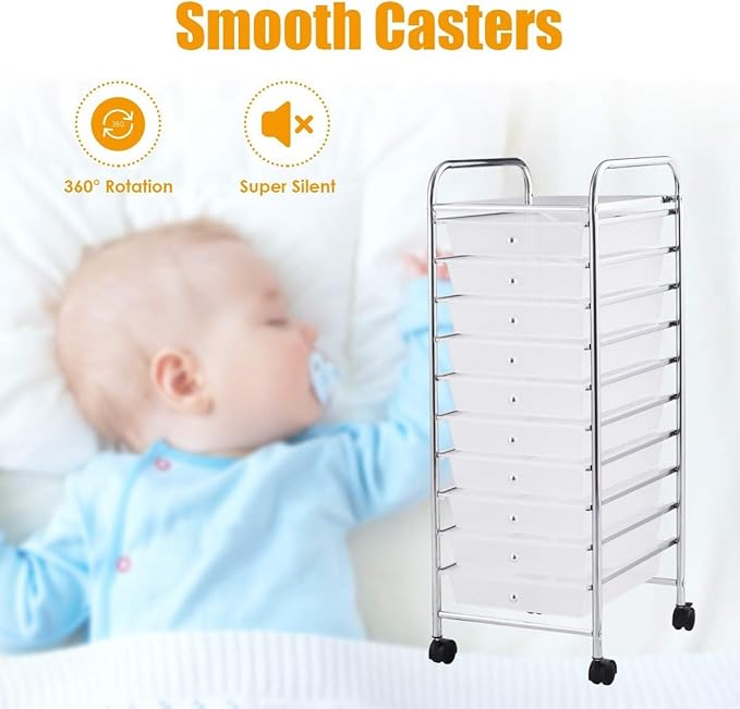 Storage Cart, Rolling Utility Cart with 10 Drawers, Portable Handles & Lockable Wheels, Mobile Paper Toys Storage Organizer Large Capacity for Home Office School Teacher (Clear)