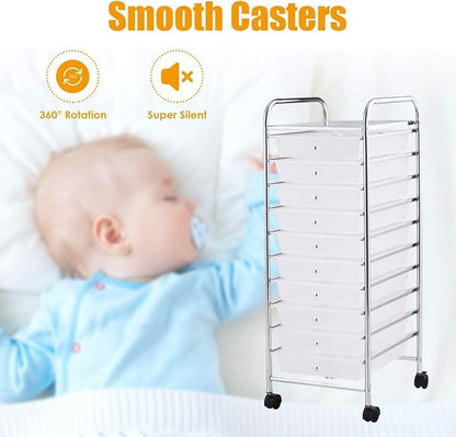 Storage Cart, Rolling Utility Cart with 10 Drawers, Portable Handles & Lockable Wheels, Mobile Paper Toys Storage Organizer Large Capacity for Home Office School Teacher (Clear)