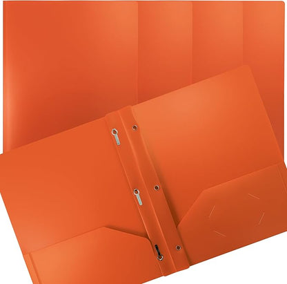 Better Office Products Orange Plastic 2 Pocket Folders with Prongs, Heavyweight, Letter Size Poly Folders, 24 Pack, with 3 Metal Prongs Fastener Clips, Orange