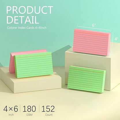 Colored Index Cards 4x6 Inch - Ruled Index Flash Cards for Studying, Lined Index Note Cards 4" x 6" with Colorful, Colored Flashcards 4x6 Notecards 3 Pack of 38 - Pink, Green