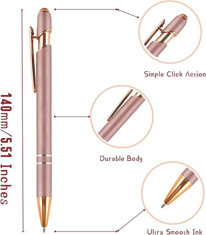 Ballpoint Pens with Stylus Tips，12 Pcs Rose Gold Retractable Metal Stylus Pen for Touch Screens, 1.0 mm Black Ink