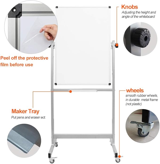 XIWODE 24x36 Inch Magnetic Double-Sided Mobile Whiteboard with Wheels, Adjustable Height, Flip & Rotate Design, Durable Square Tube Frame, for Office, Classroom, Home, and Presentations