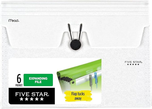 Five Star Expanding File Organizer, 6-Pocket Accordian File Organizer, Bungee Closure, Holds 11" x 8-1/2", White (350100E-ECM)