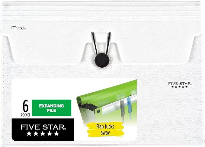 Five Star Expanding File Organizer, 6-Pocket Accordian File Organizer, Bungee Closure, Holds 11" x 8-1/2", White (350100E-ECM)