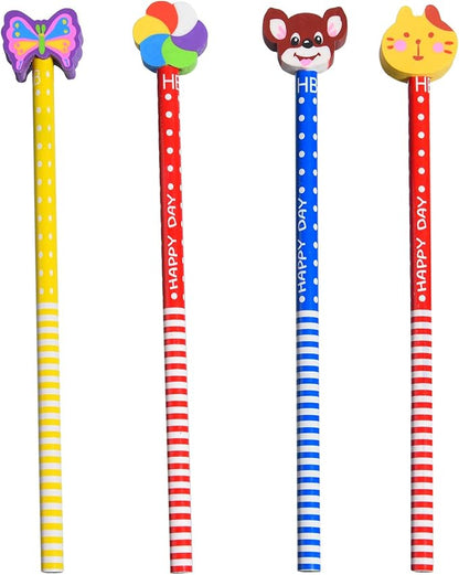 28PCS Fun Cute Pencils for Kids,Colorful Stripe Pencils with Assorted Fruit Animal Erasers Toppers,Pencils and Erasers Set for School Office Classroom Supplies Students Children