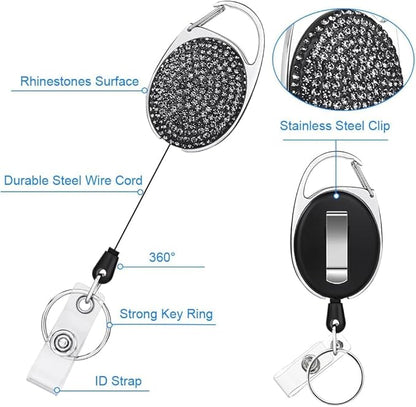 VIQWYIC Retractable ID Badge Holder with Clip, ID Name Badge Reels with Bling Rhinestones Retractable Card Holder for Office Worker Teacher Doctor Nurse (Light Black)
