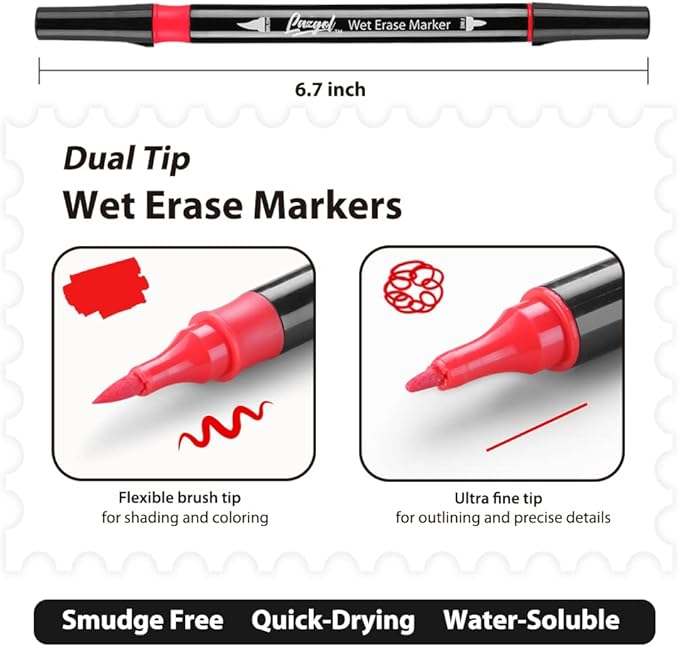 Wet Erase Markers Dual Tip, Lazgol 12 Assorted Colors, Dual Tip Brush & Fine Overhead Transparency Smudge Free Markers for Dry Erase Whiteboard, Refrigerator Calendars, Glass, Films and Any Kind of