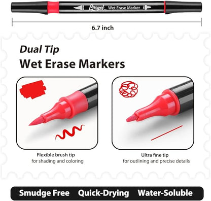 Wet Erase Markers Dual Tip, Lazgol 12 Assorted Colors, Dual Tip Brush & Fine Overhead Transparency Smudge Free Markers for Dry Erase Whiteboard, Refrigerator Calendars, Glass, Films and Any Kind of