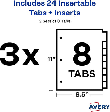 Avery Dividers for 3 Ring Binders, 8-Tab Binder Dividers, Plastic Binder Dividers, Insertable Big Tabs, Multicolor, 3 Sets (71901)