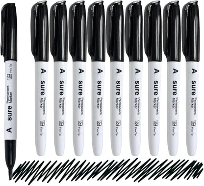 10 Pack Black Permanent Felt Waterproof Markers, Fine Point, Fade Resistant, Writes on Plastic, Metal, Glass, and Stone.…