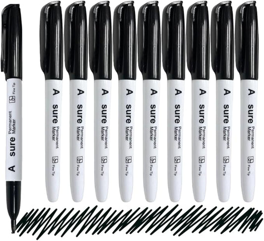 10 Pack Black Permanent Felt Waterproof Markers, Fine Point, Fade Resistant, Writes on Plastic, Metal, Glass, and Stone.…